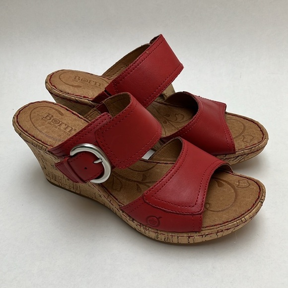 Born Sz 9 Red Leath Upper Shoe Wedge Cork Sole - Picture 4 of 7
